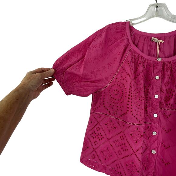 Faherty Carmel Cactus Flower Pink Eyelet Blouse Lined Small Organic Cotton - Picture 3 of 16